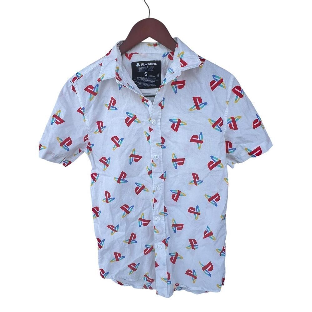 Sony PlayStation Small White Logo Short Sleeve Button Up Shirt Gamer casual